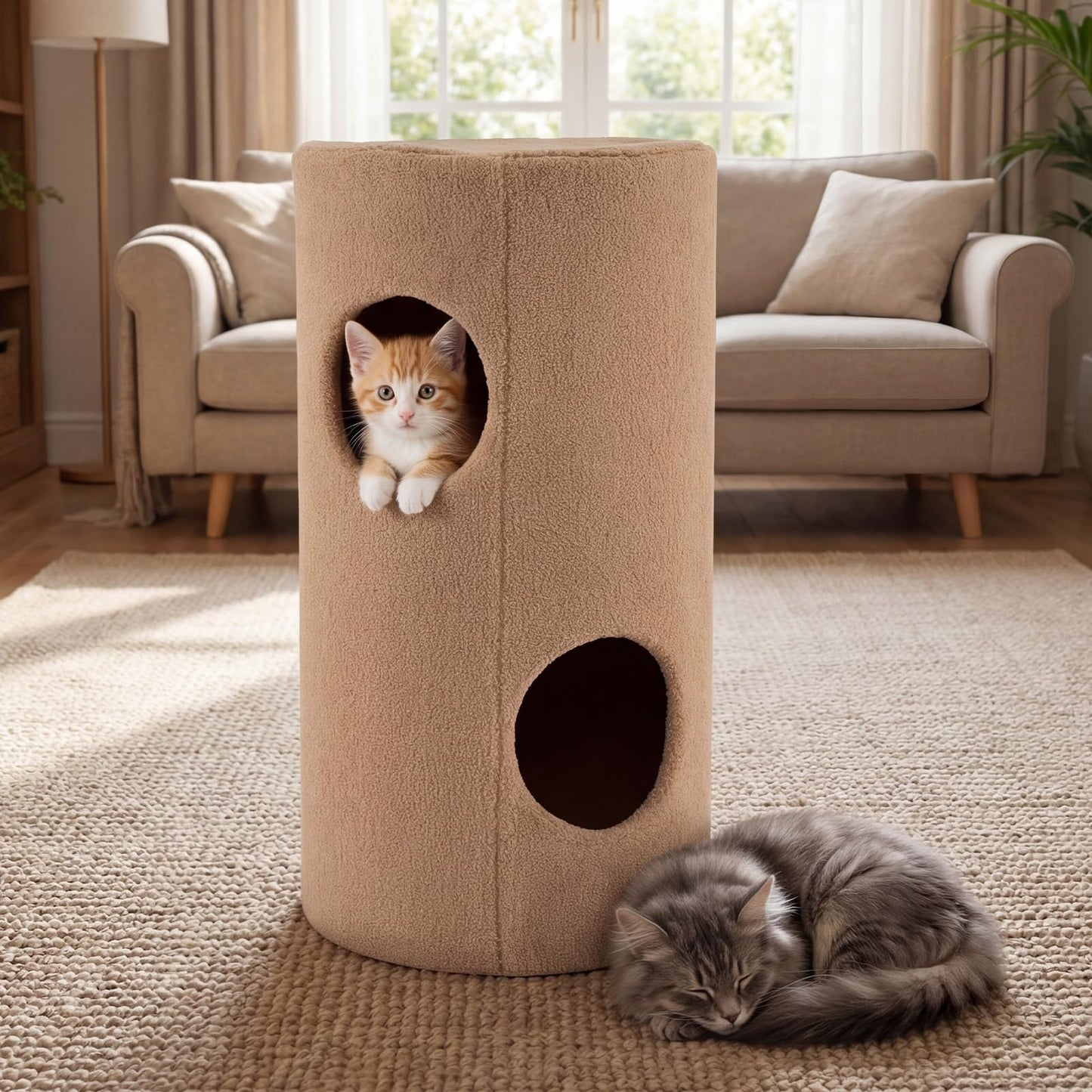 2-Tier Cat House for Indoor Cats with Sisal Scratching Mat Hideaway Cave and Bear Accents