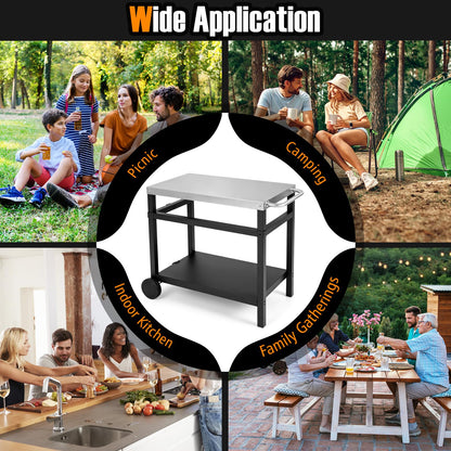 Outdoor Grill Dining Cart, Movable Pizza Oven Table Stand Trolley