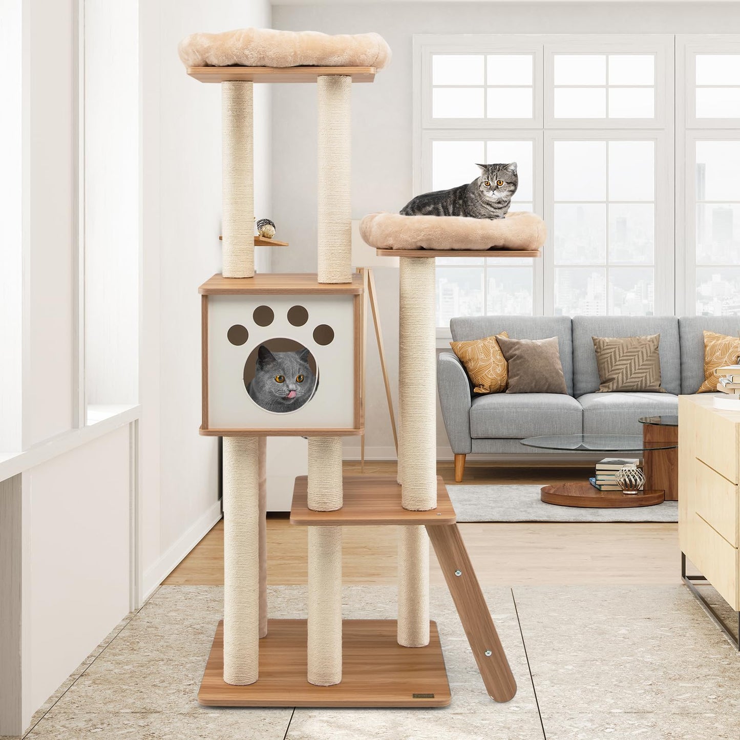 5-Tier Cat Tree Tower with Cando and 2 Padded Plush Perches