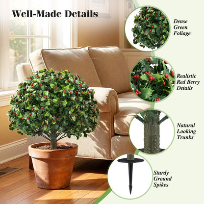 Set of 2 Faux Shrub Bushes with Ground Spikes （Red Berry）