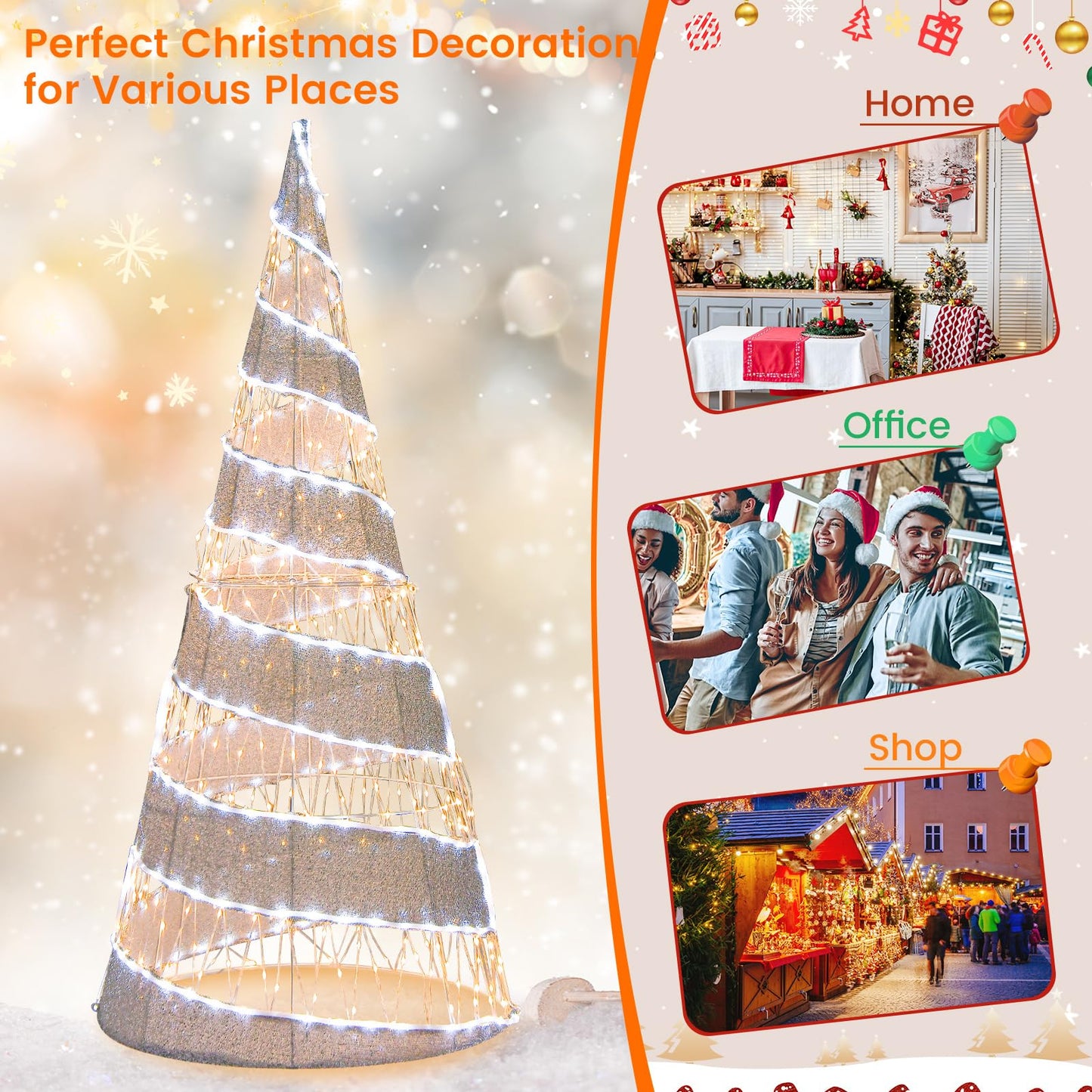 5FT Pre-lit Christmas Cone Tree with Warm White and White LED Lights