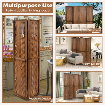 4 Panel Folding Room Divider with Pegboard Display  Wooden Wall Privacy Screen Protector