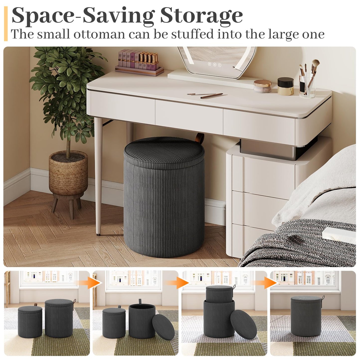 Round Ottoman with Storage Set of 2 with Removable Lids and Padded Seats