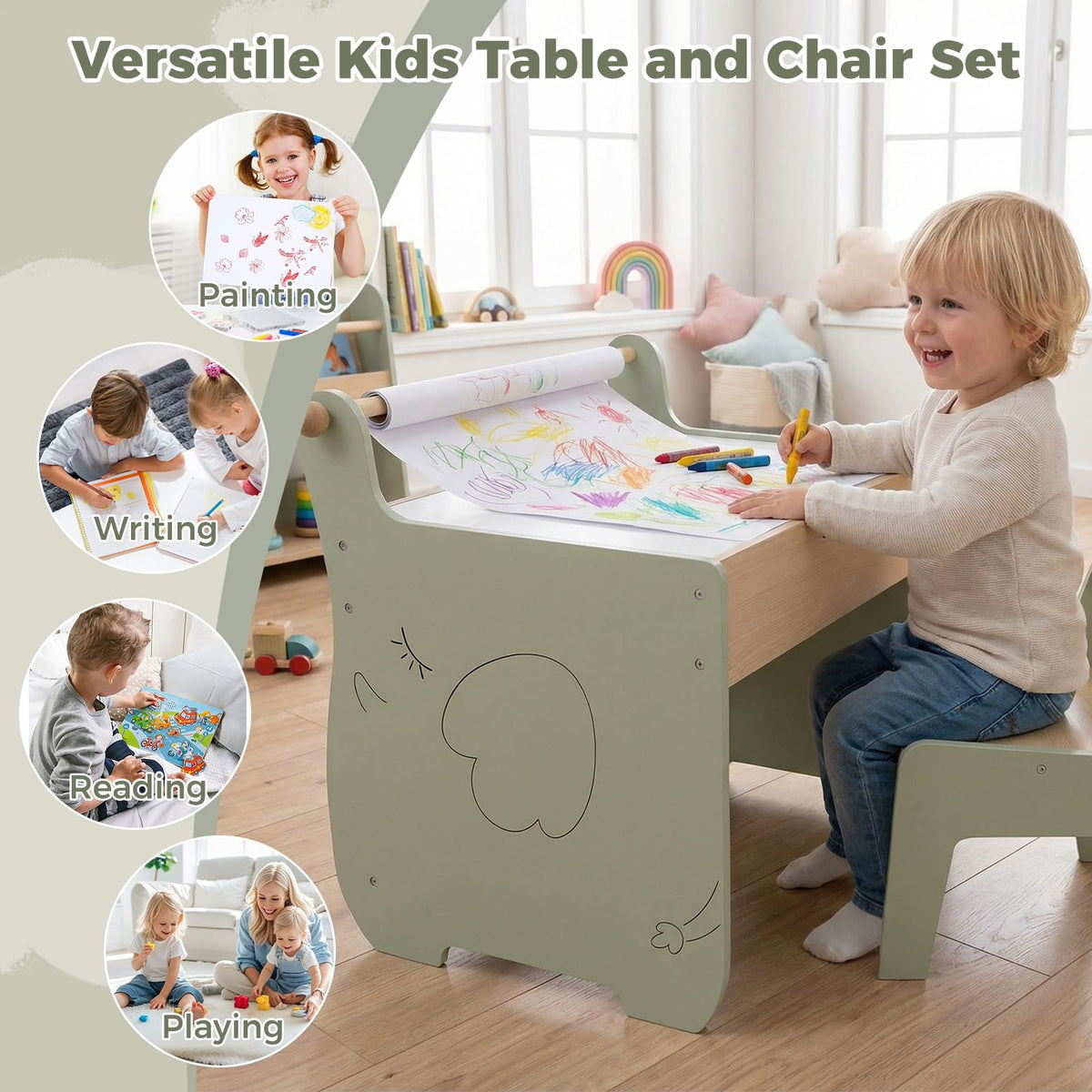 Kids Art Table and Chair Set with Paper Roll for Drawing
