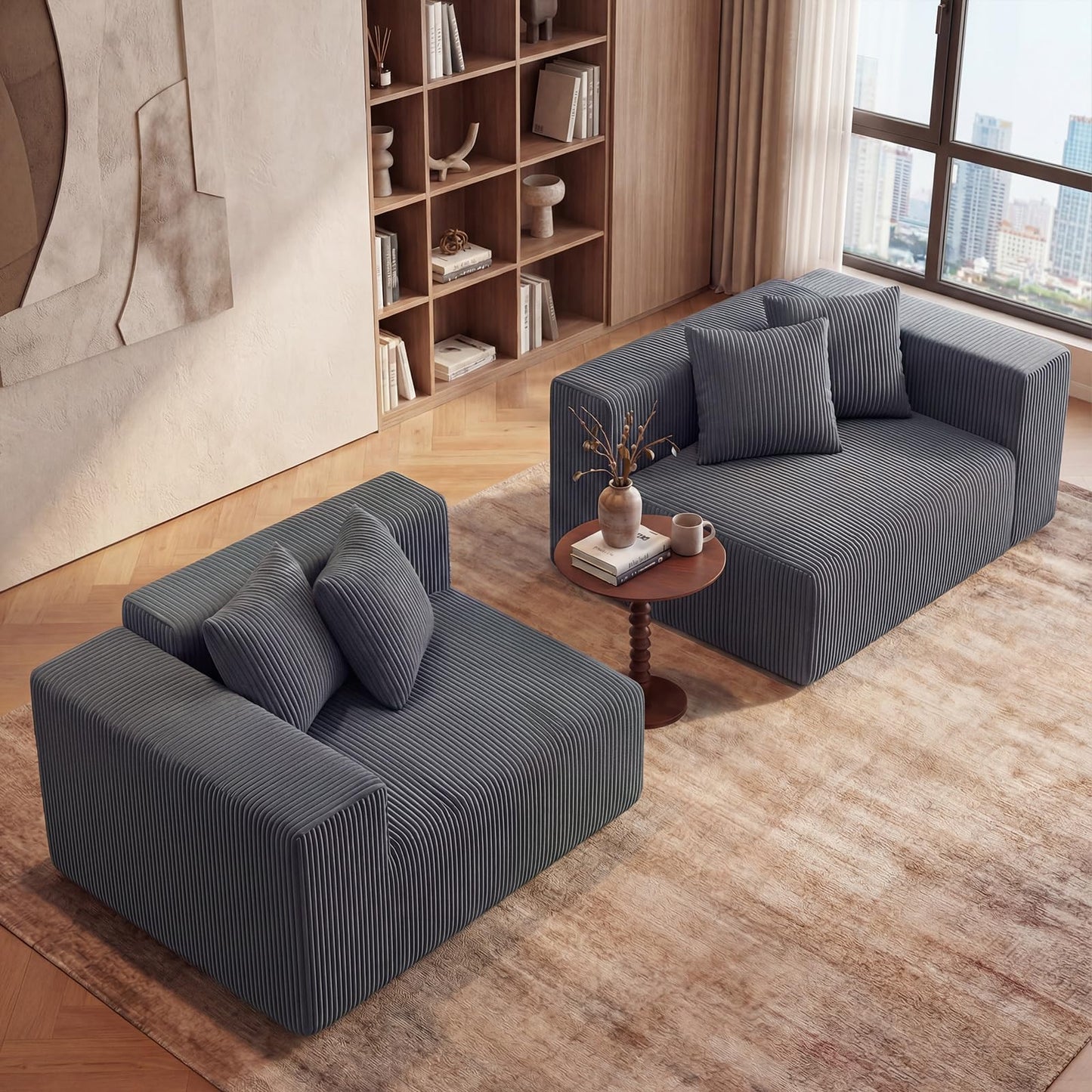 204cm Corduroy Boneless Sofa Couch with 4 Pillows