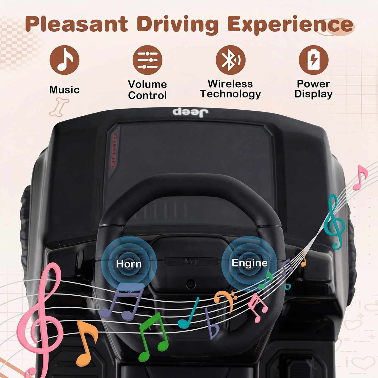 12V Kids Ride on Car, Licensed Jeep Electric Vehicle with LED Lights