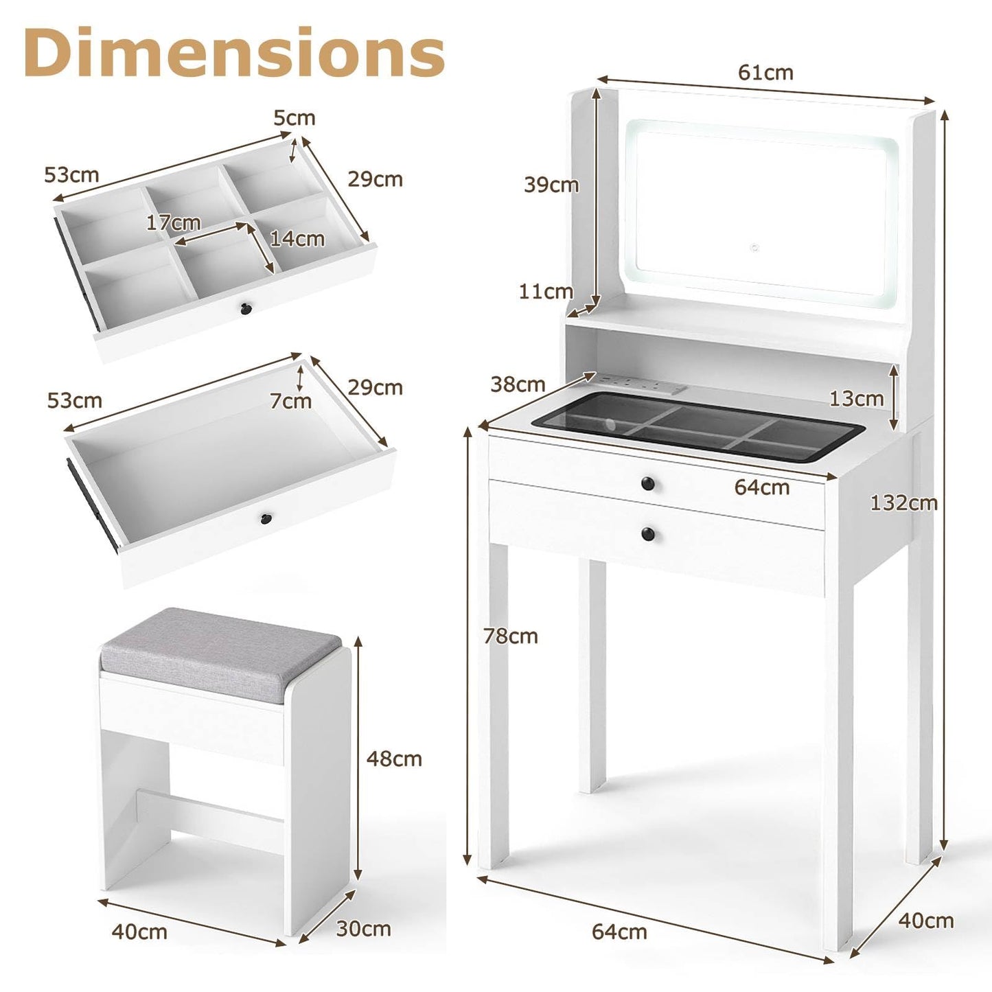 Vanity Desk with Power Outlets and 3 Color Lighting Modes for Bedroom