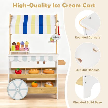 Kids Ice Cream Cart, 2 in 1 Wooden Grocery Store Playset with Display Shelves