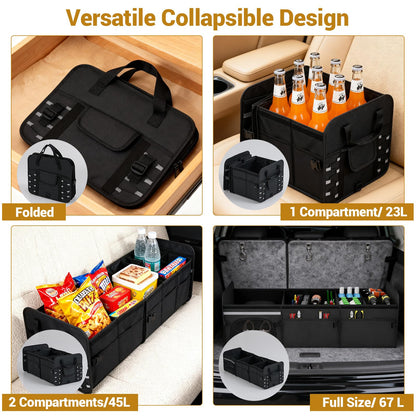 67 L Car Trunk Organizer with Lid 3-Compartment Portable Storage Box