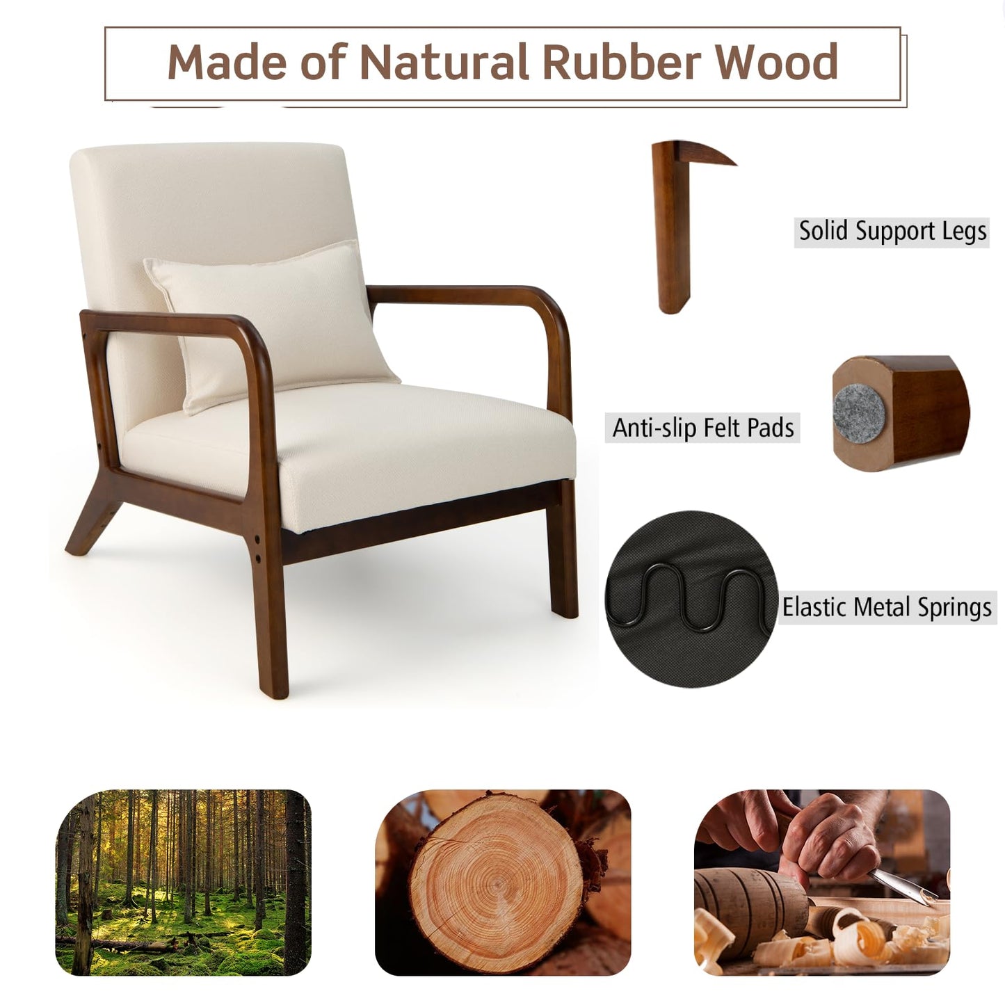 Modern Accent Chair with Lumbar Pillow and Rubber Wood Frame