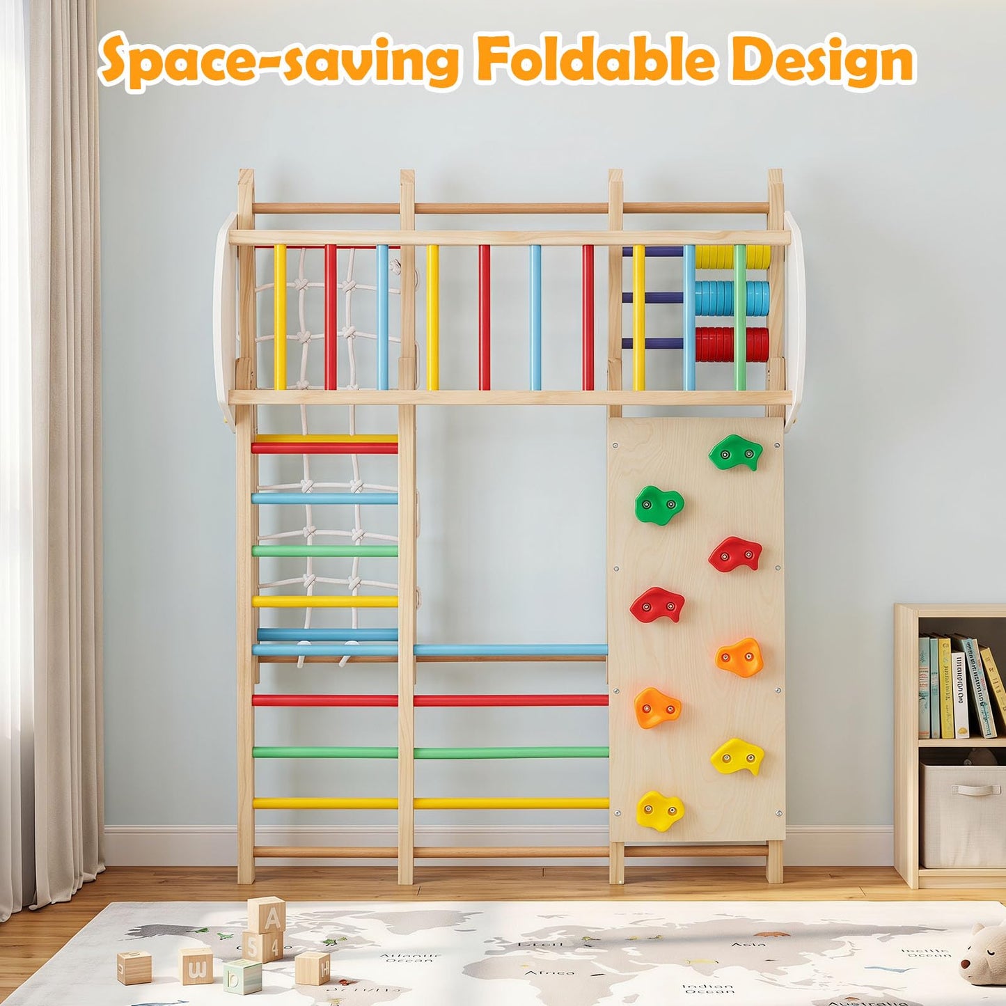Indoor Climbing Frame, 8 in 1 Wooden Kids Jungle Gym with Swing