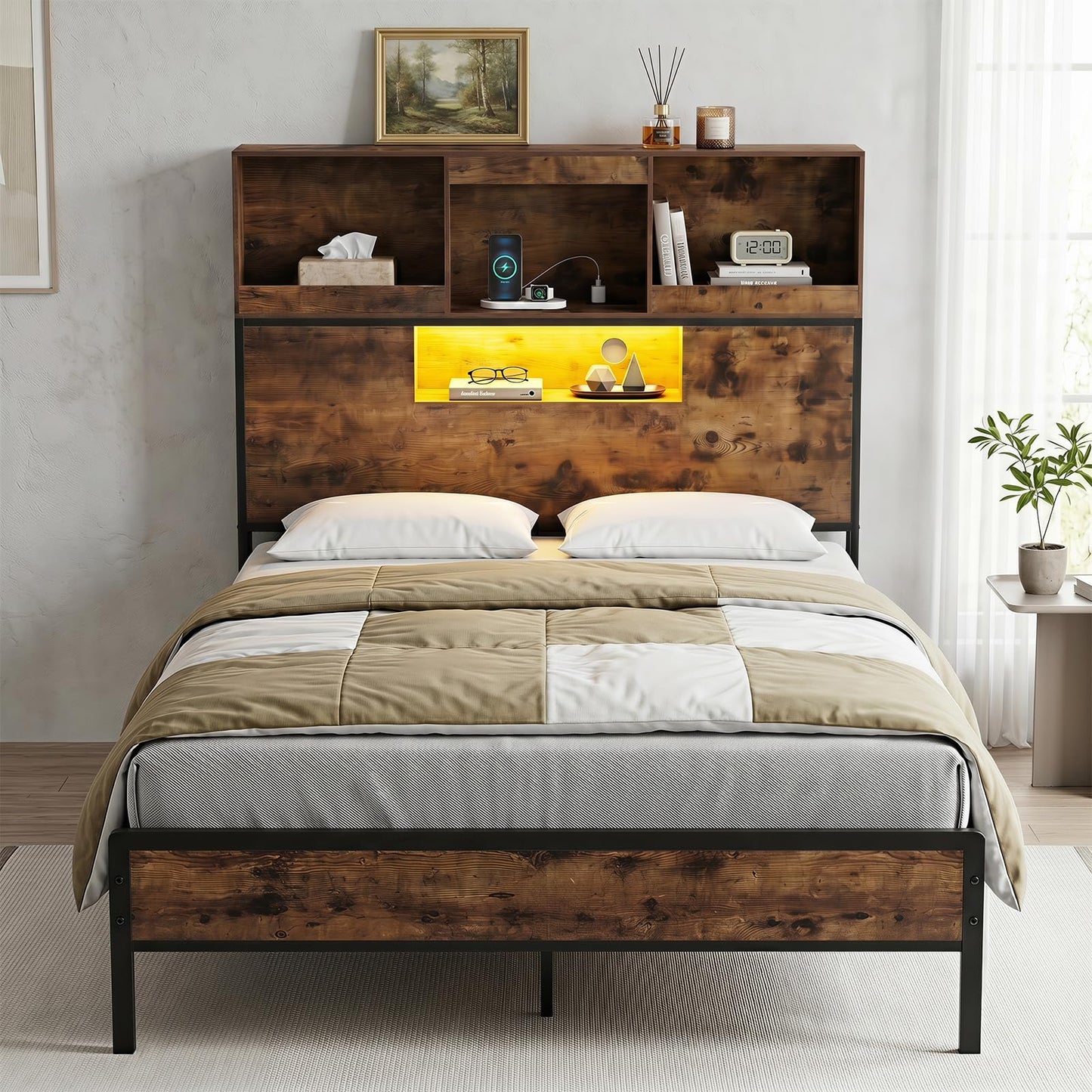 Industrial Metal Platform Bed with LED Lights and Power Outlet