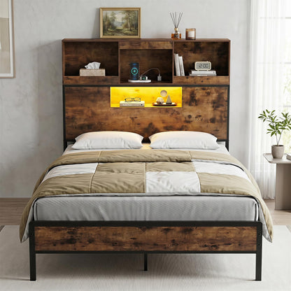 Industrial Metal Platform Bed with LED Lights and Power Outlet
