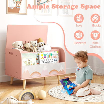 Wooden Toy Box, Kids Storage Chest with Flip-top Lid, Front Bookshelf