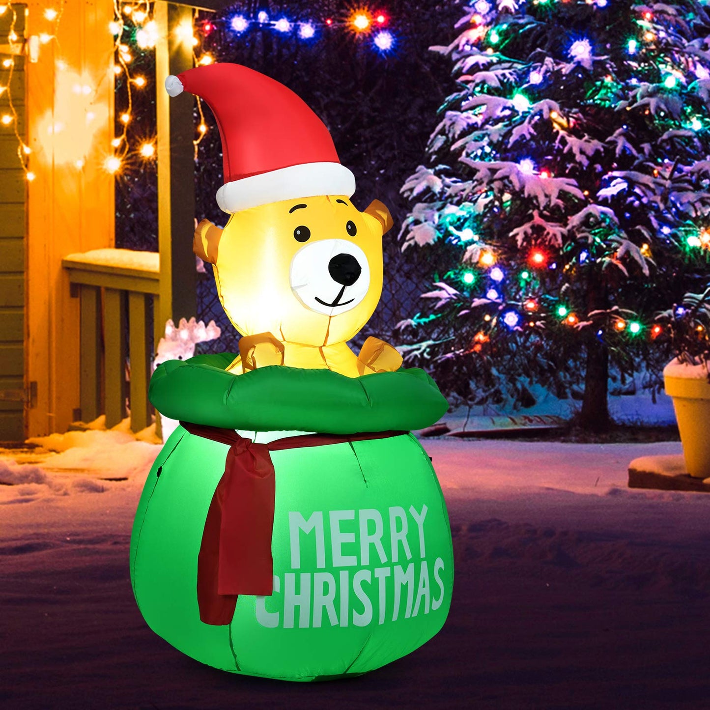 1.5M Blow Up Inflatable LED Christmas Cute Bear with Santa Hat