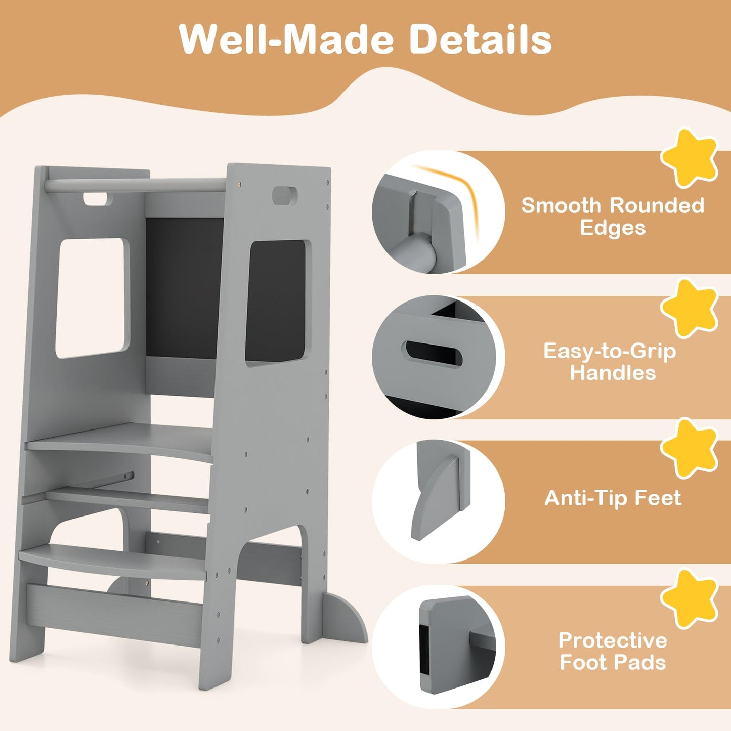 Height Adjustable Learning Tower with Safety Rail