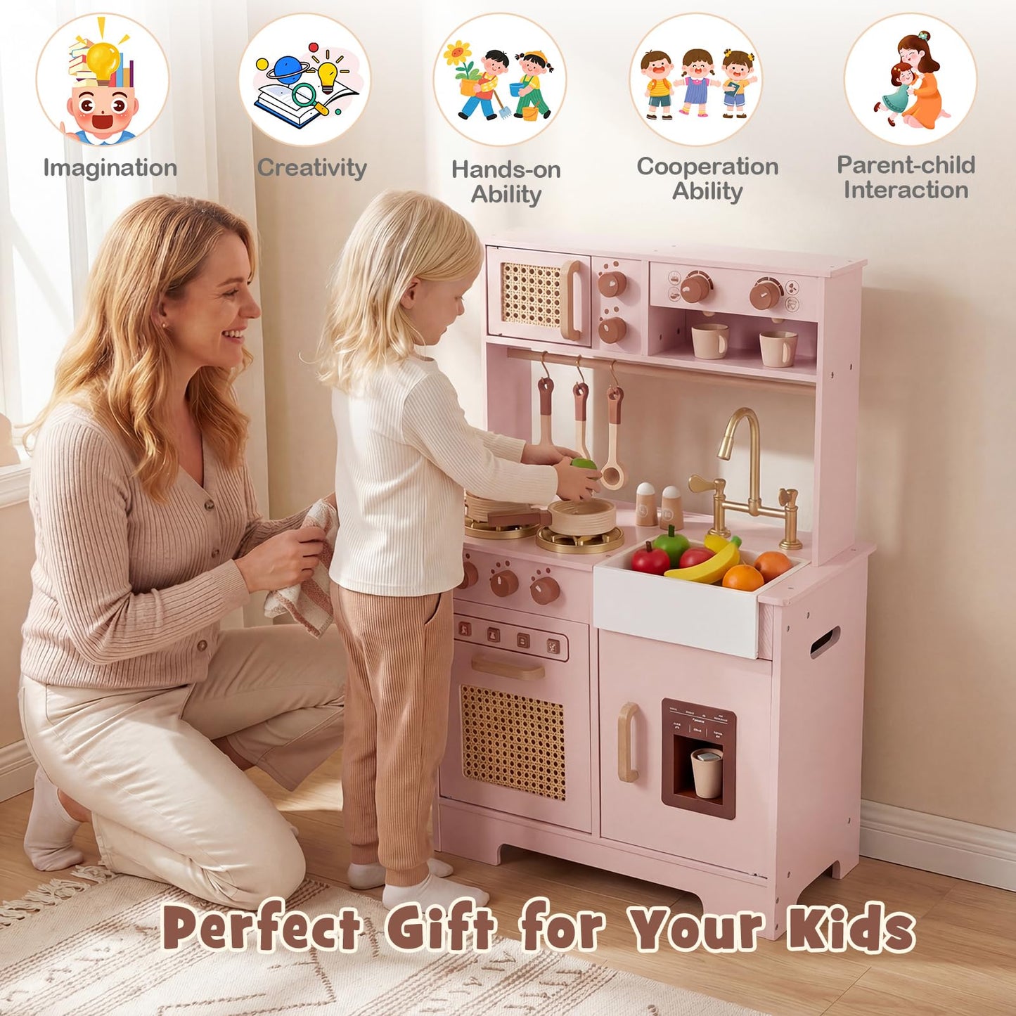 Kids Play Kitchen, Wooden Toy Kitchen with Stoves