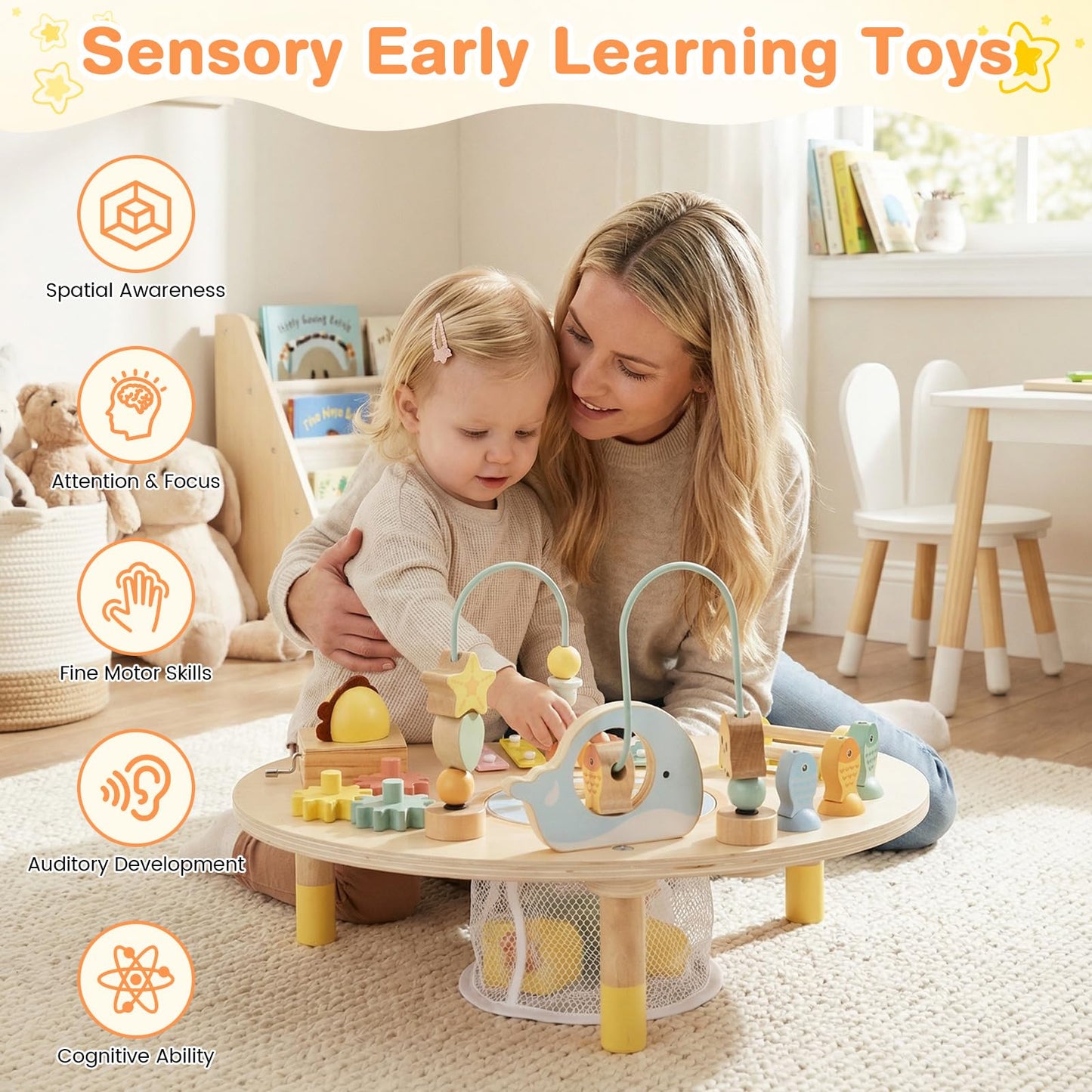 Activity Table for 1+ Year Old, 7-in-1 Wooden Montessori Toy Busy Board