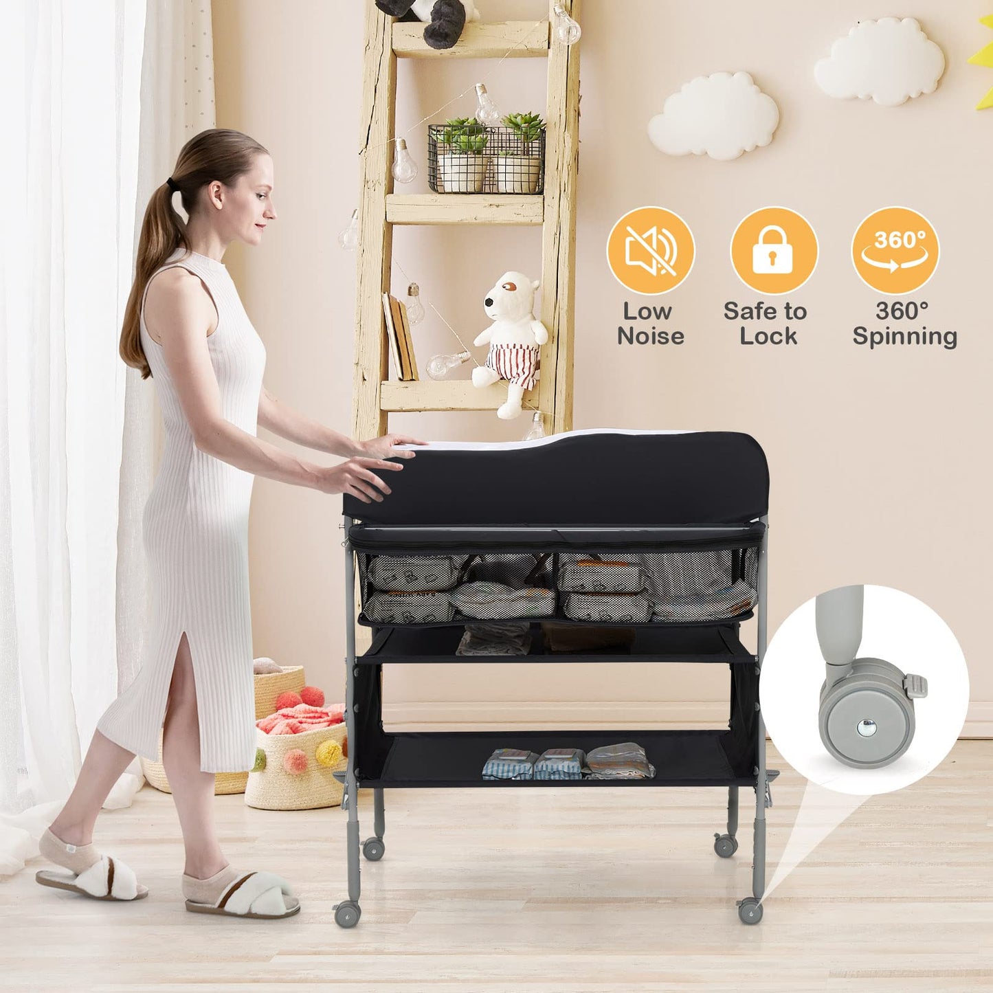Baby Changing Table Folding Nursery Changing Station with 4 Lockable Wheels