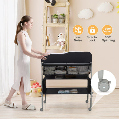 Baby Changing Table Folding Nursery Changing Station with 4 Lockable Wheels