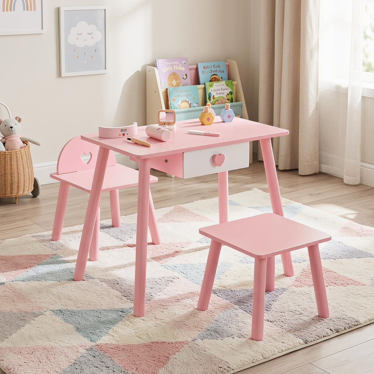 Kids Table and Chairs Set, Children Makeup Table with Eye Shadow