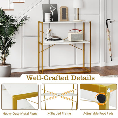 2-Tier Entryway Table with Marble Textured Open Shelves and Metal Frame