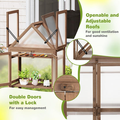 Cold Frame Mini Wooden Greenhouse with Transparent Openable Roof