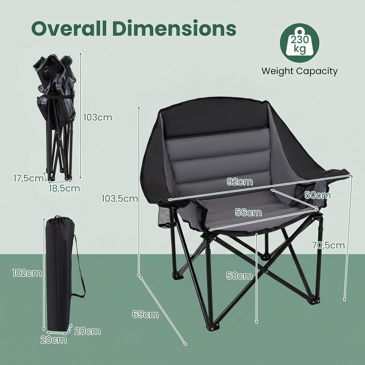 Oversized Folding Camping Chair, Padded Oxford Chair with Cup Holder, Side Pocket & Carry Bag