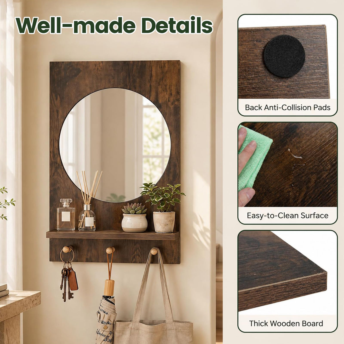 Wall Mirror with Storage Shelf, 3 Hanging Hooks
