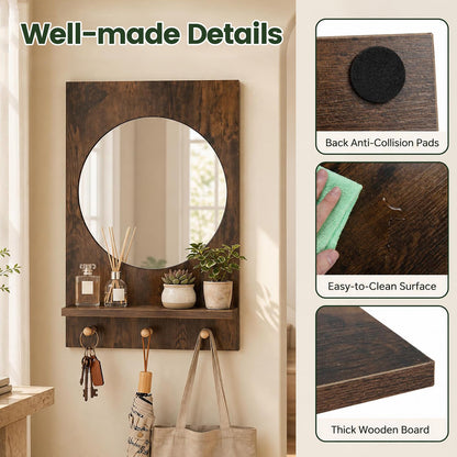 Wall Mirror with Storage Shelf, 3 Hanging Hooks