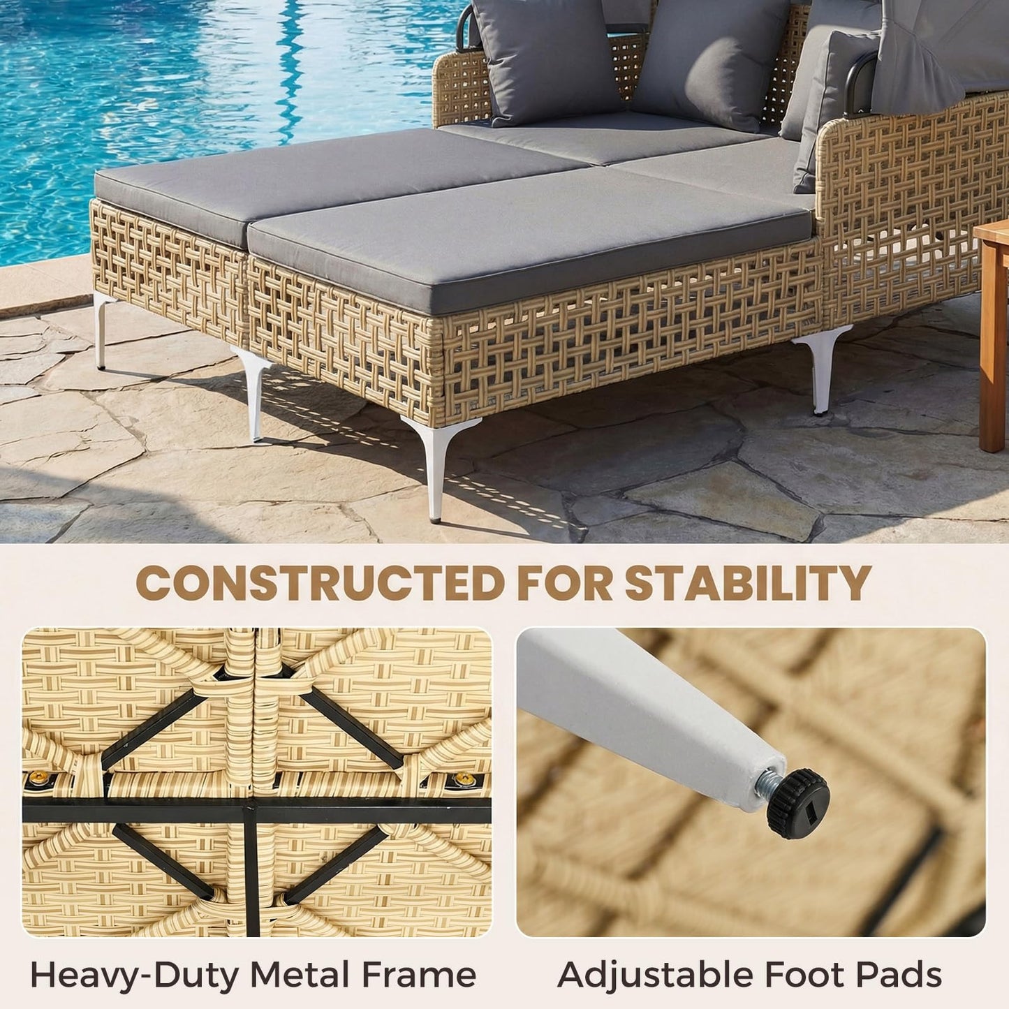Garden Rattan Daybed, Patio Double Chaise Lounger Sun Bed with Retractable Canopy