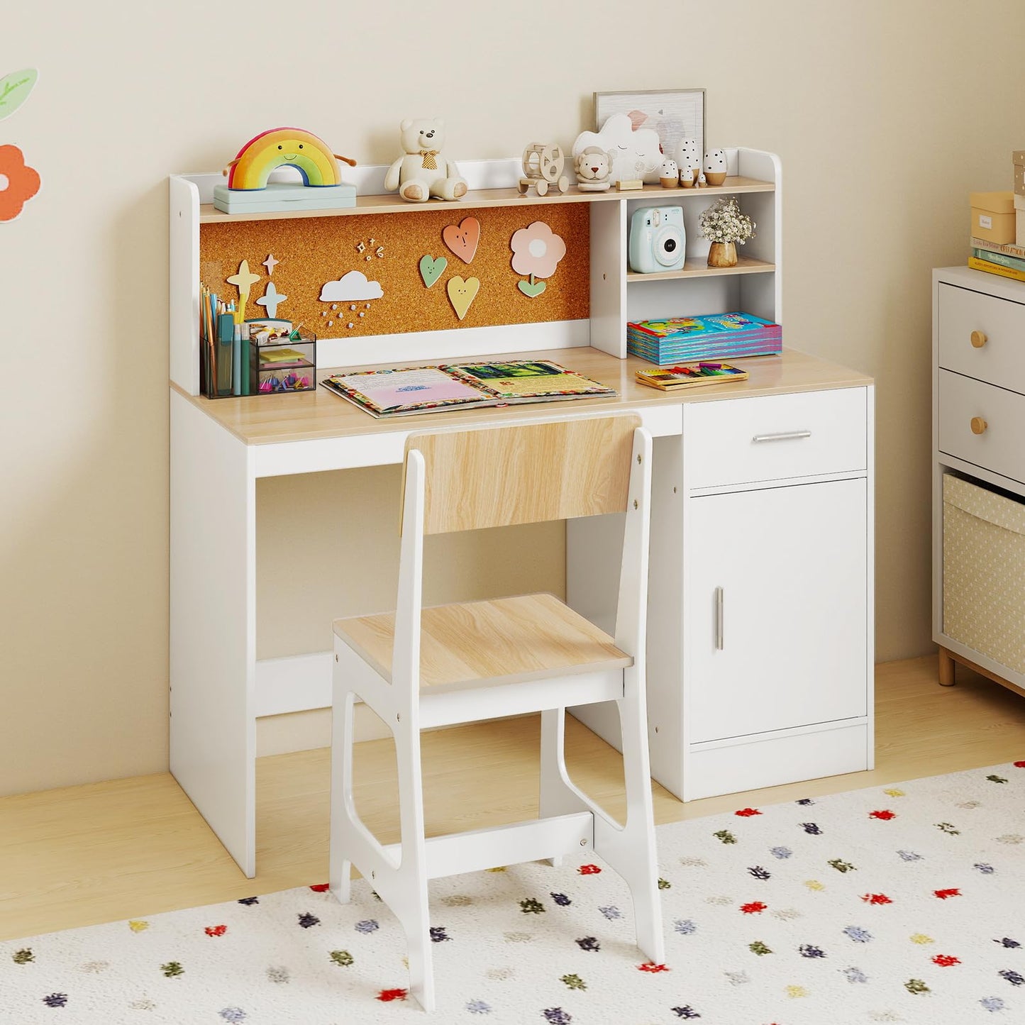 Kids Study Desk and Chair Set with Shelves and Storage Cabinet