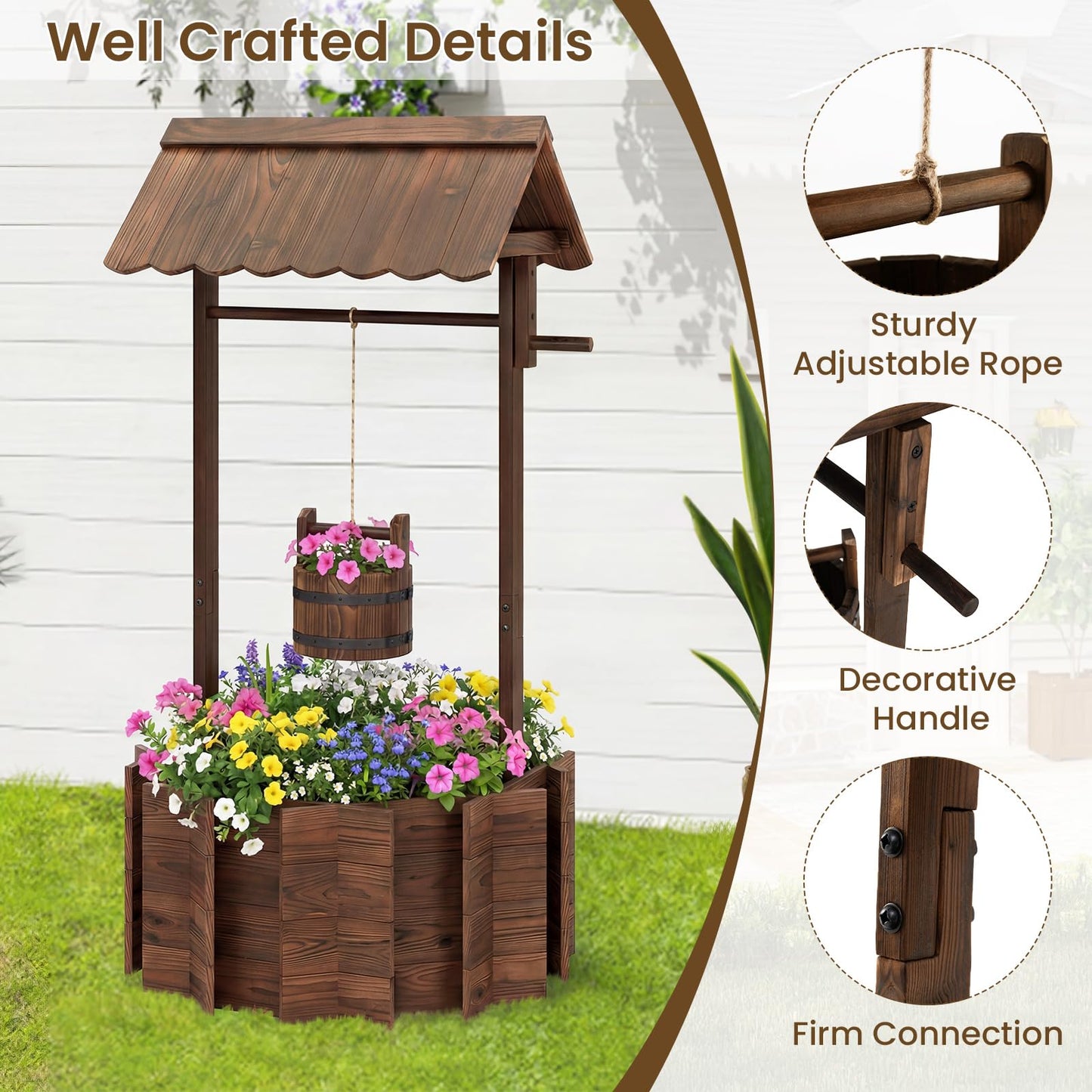 GiantexUK Wooden Wishing Well Planter, Garden Decoration Flower Pot with Hanging Bucket