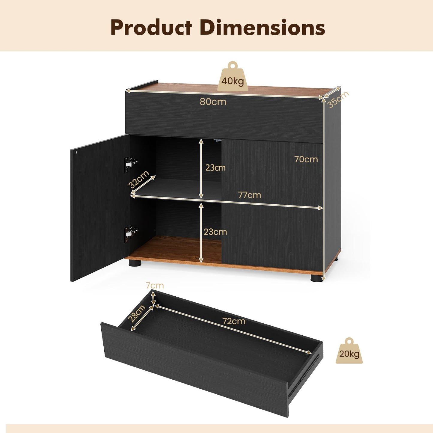 Storage Cabinet, 2 Door Buffet Sideboard with Push-to-Open Design, Drawer & 2 Anti-tipping Devices