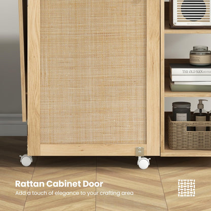 Folding Sewing Table, Mobile Craft Table with Rattan Door