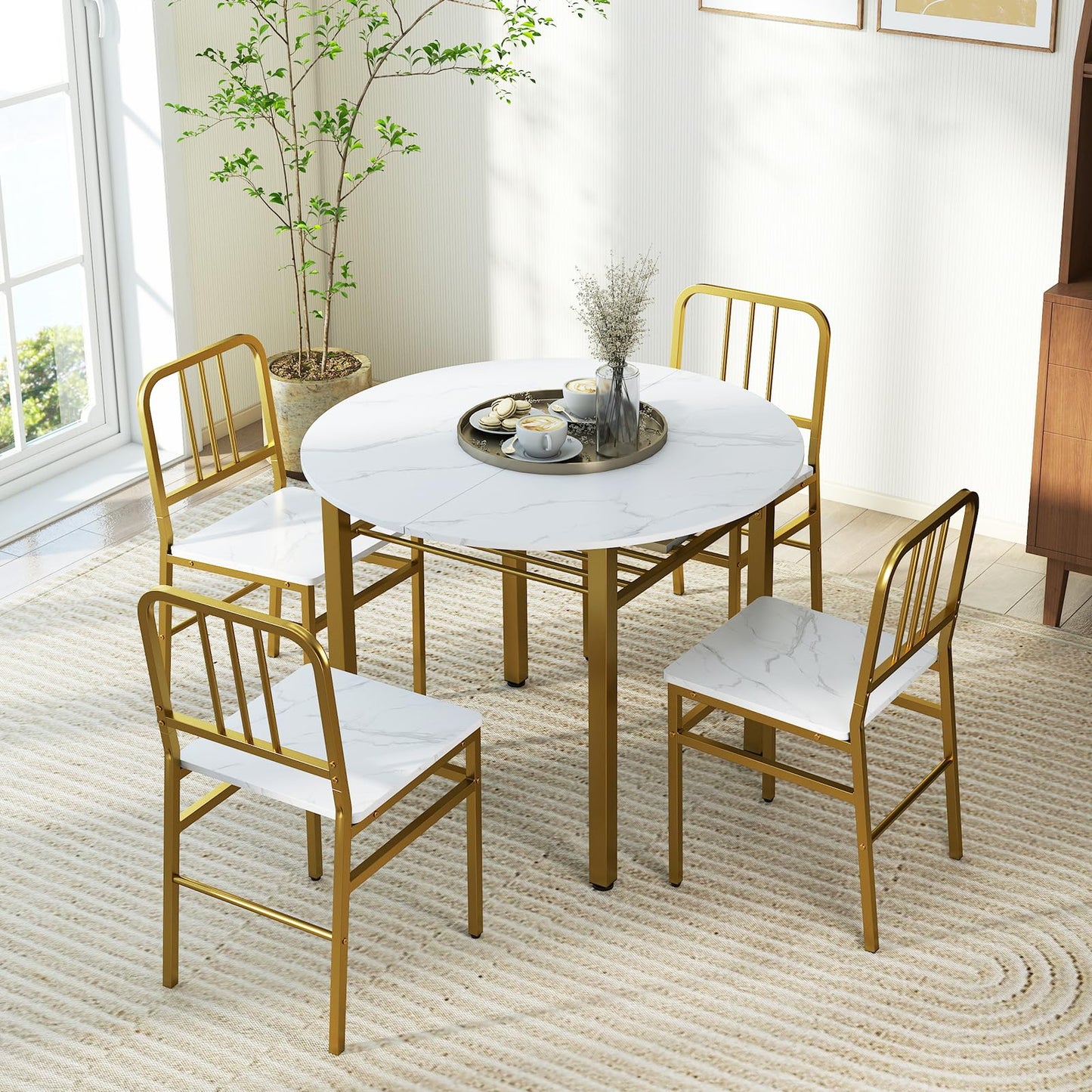 5 Piece Dining Table Set with Storage Rack and Metal Frame for Dining Room
