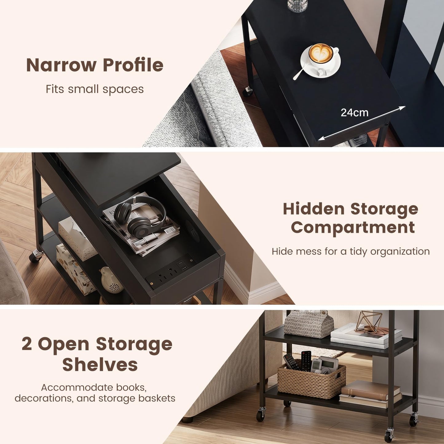 Rolling Lift Top End Table with Charging Station & Hidden Compartment for Living Room