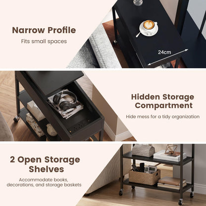 Rolling Lift Top End Table with Charging Station & Hidden Compartment for Living Room