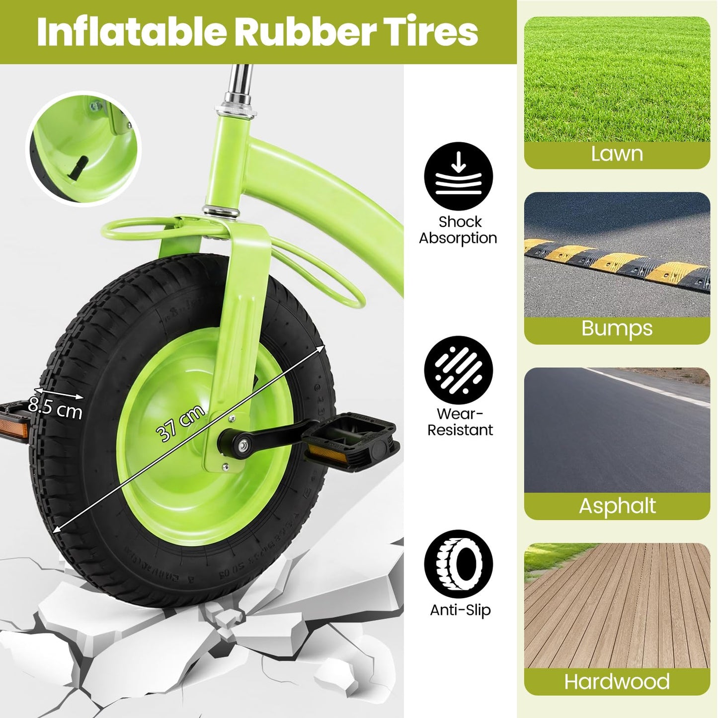 Kids Tricycle ( 121 x 57 x 68-77cm, with Storage Basket) | Carbon Steel Toddler Trike with Inflatable Rubber Tires