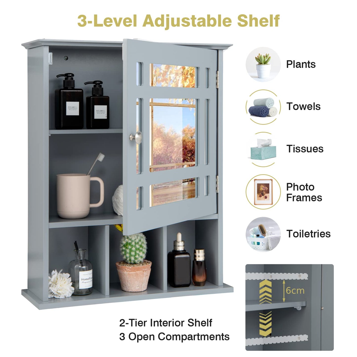 Mirror Door Cabinet with Adjustable Shelf and 3 Compartments