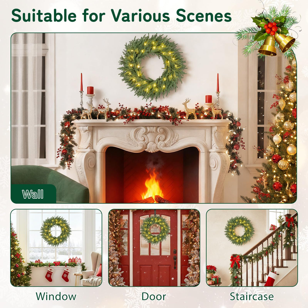 60cm/24inch Pre-Lit Christmas Wreath with LED Lights