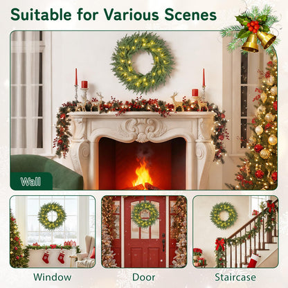 60cm/24inch Pre-Lit Christmas Wreath with LED Lights