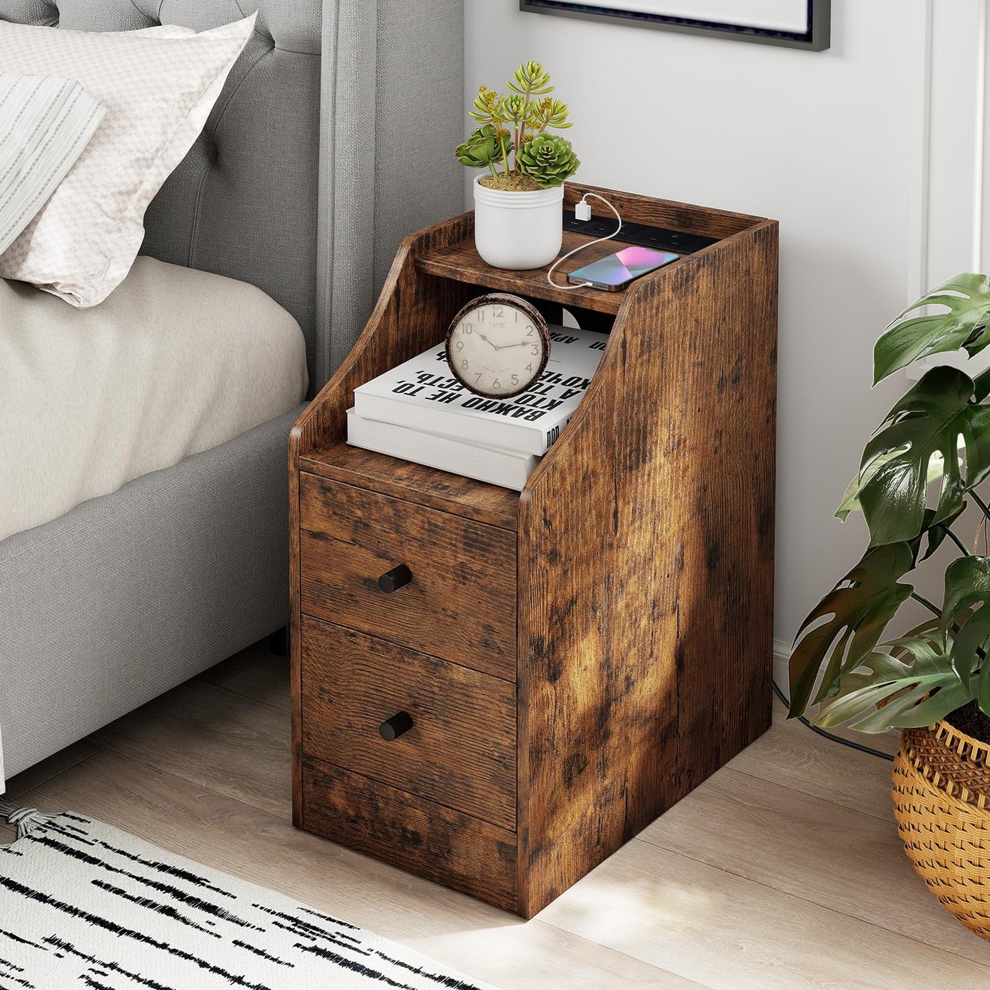End Table with Charging Station & Storage Drawers for Small Space Living Room Bedroom