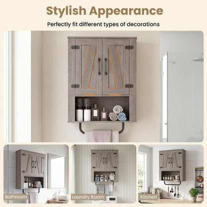 Bathroom Wall Cabinet with 2 Barn Doors & Metal Towel Bar