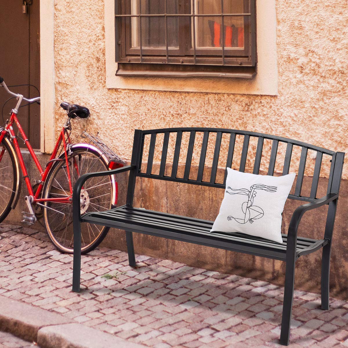 Metal Frame Stripe Pattern 2 Seater Garden Bench