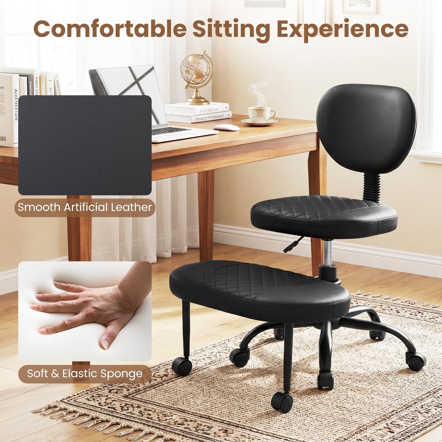 Ergonomic Cross Legged Office Chair with Wheels, Black