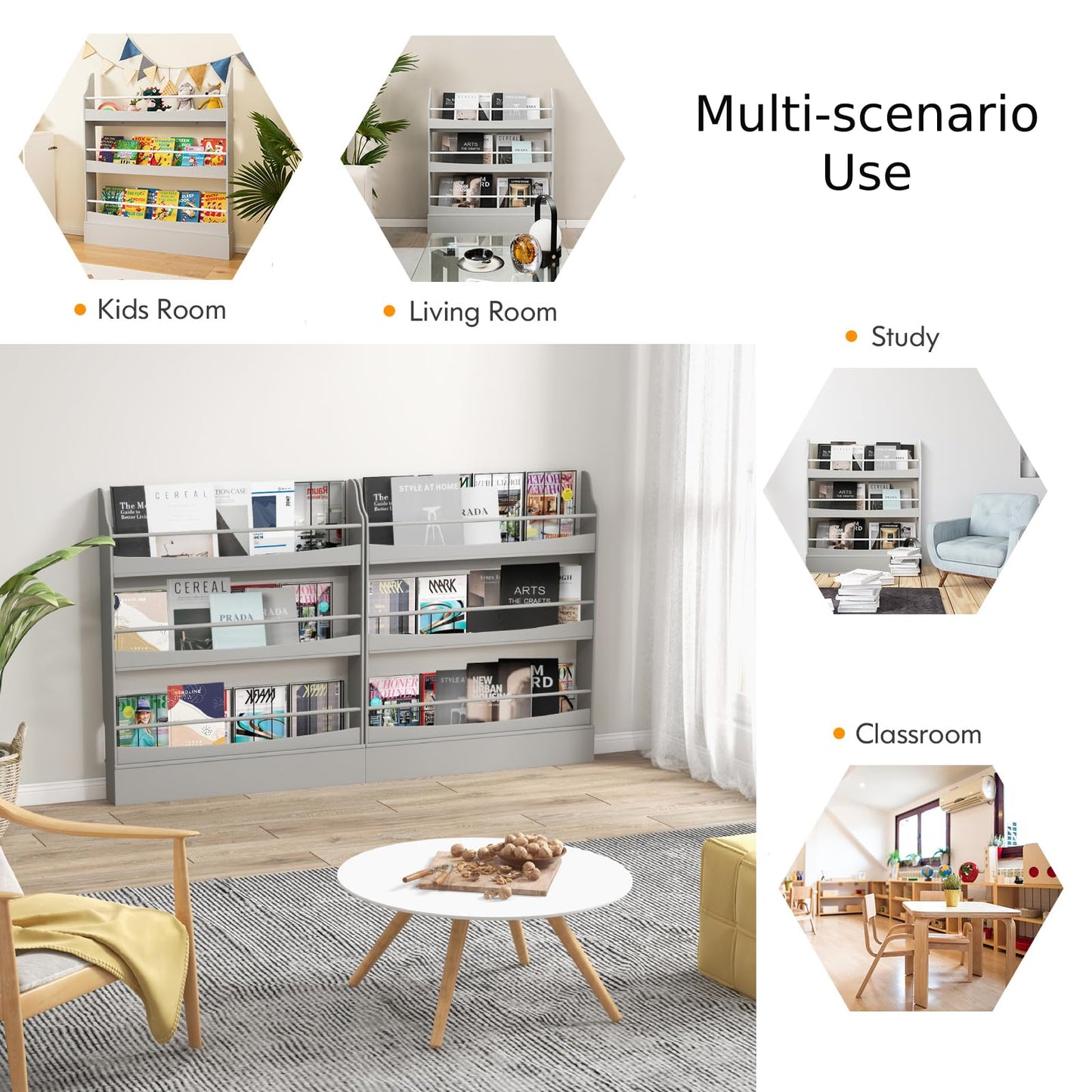 3-Tier Standing Bookshelf with 2 Anti-Tipping Kits and Guardrails-Grey