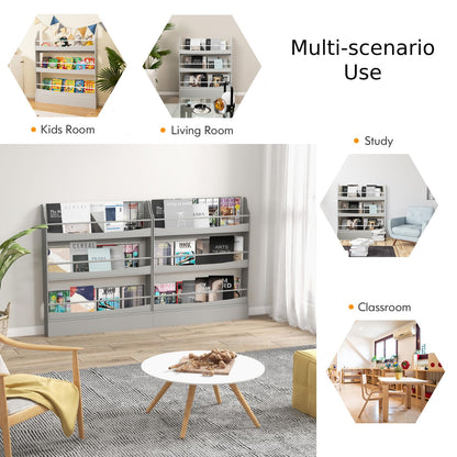 3-Tier Standing Bookshelf with 2 Anti-Tipping Kits and Guardrails-Grey