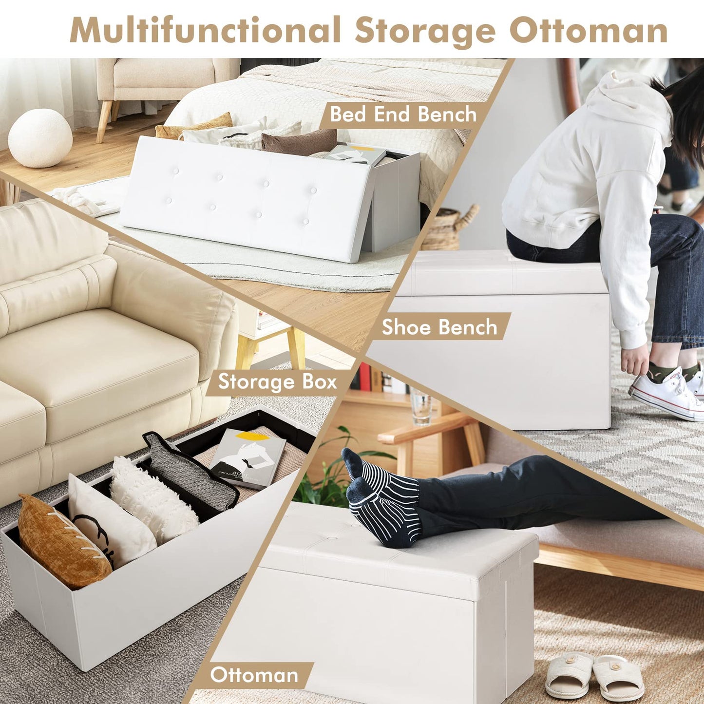 Folding Storage Ottoman Bench with Lid for Living Room
