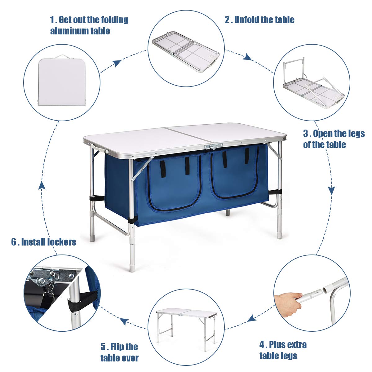 Height Adjustable Camping Tables with Storage Compartments Cabinet